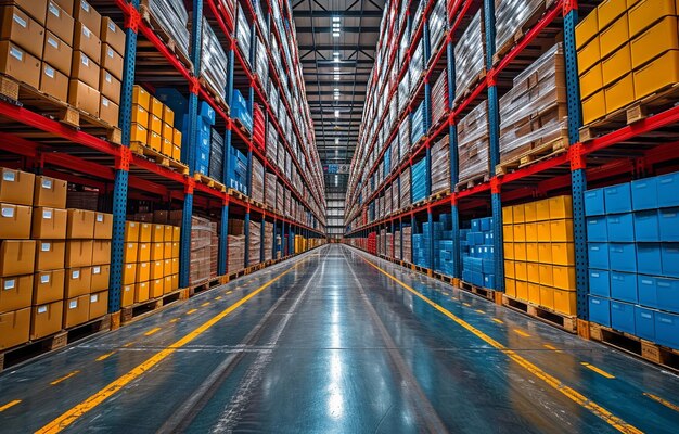 Goods boxes arranged in rows on shelves in a contemporary industry warehouse store at factory warehouse storage