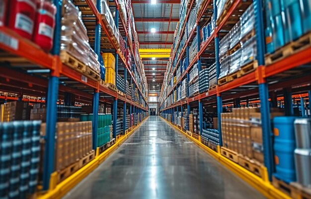 Goods boxes arranged in rows on shelves in a contemporary industry warehouse store at factory warehouse storage