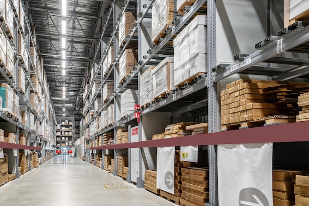 Goods on shelves of distribution center warehouse