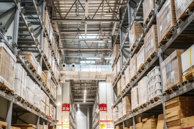 Goods on shelves of distribution center warehouse