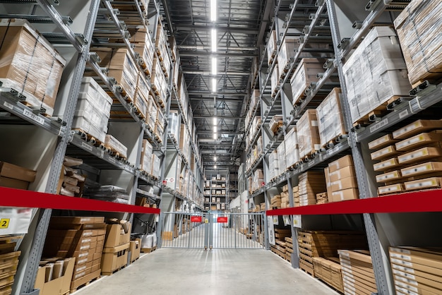 Goods on shelves of distribution center warehouse