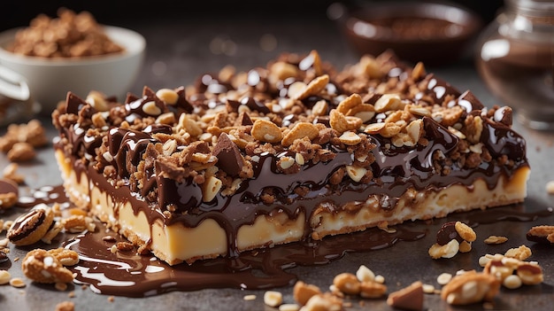 A gooey chocolate bar with a crunchy nut topping