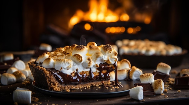 Gooey marshmallow en chocolade in een geroosterde graham cracker korst Een kampvuur klassieke smores taart