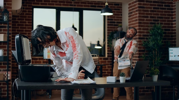 Goofy creepy zombie trying to photocopy her own head in office. Brain-eating dead walking couple with deep and bloody wounds acting bizarre and spooky while trying to act as humans.