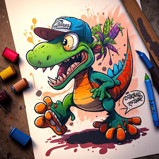 Goofy dinosaur cartoon character graffiti style marker draw