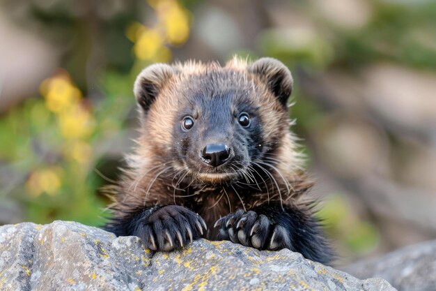 A goofy wolverine cub with a surprised expression and big fluffy paws