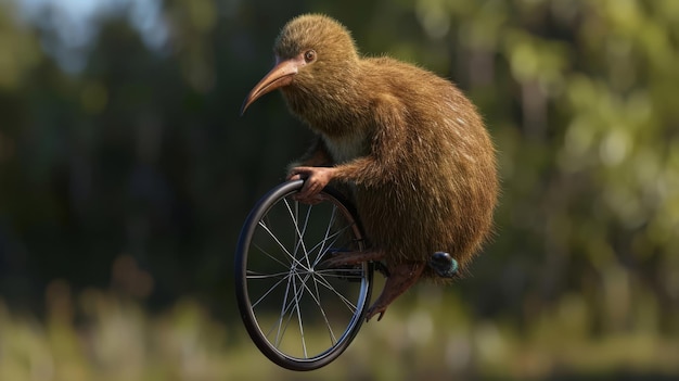 Photo a goofylooking kiwi on a unicycle representing the kingdoms tradition of using unconventional ods to