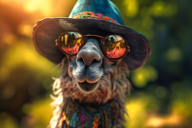 A goofylooking llama wearing a sun hat and sunglasses sticking out its tongue and winking at the camera