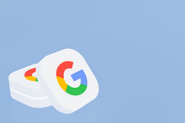 Foto rendering 3d del logo dell'applicazione google su sfondo blu