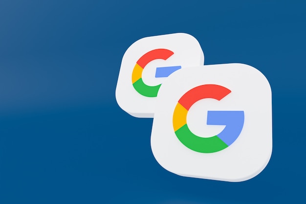 Фото 3d-рендеринг логотипа приложения google на синем фоне