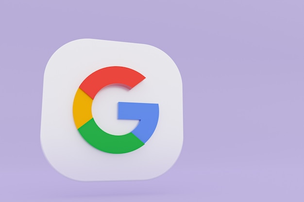 Фото 3d-рендеринг логотипа приложения google на фиолетовом фоне