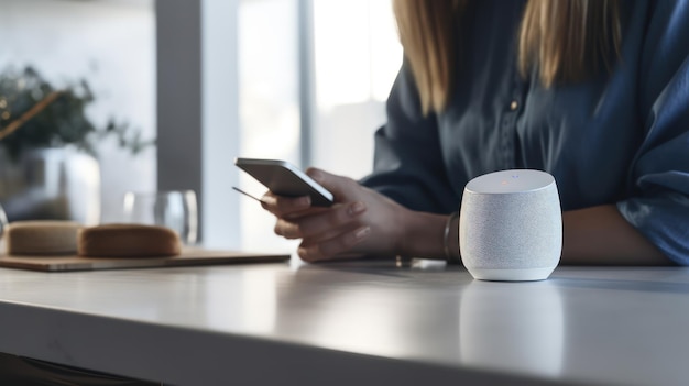 A google home speaker sits on a table next to a google home speaker.