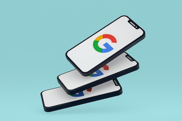 화면 스마트 폰 또는 휴대 전화에 Google 아이콘 3d 렌더링