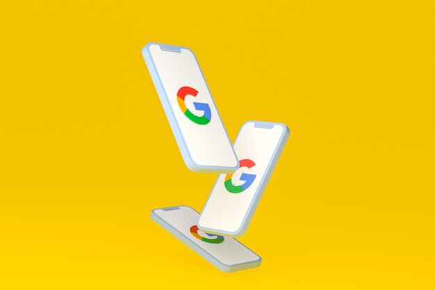 画面上のスマートフォンまたは携帯電話の3Dレンダリング上のGoogleアイコン