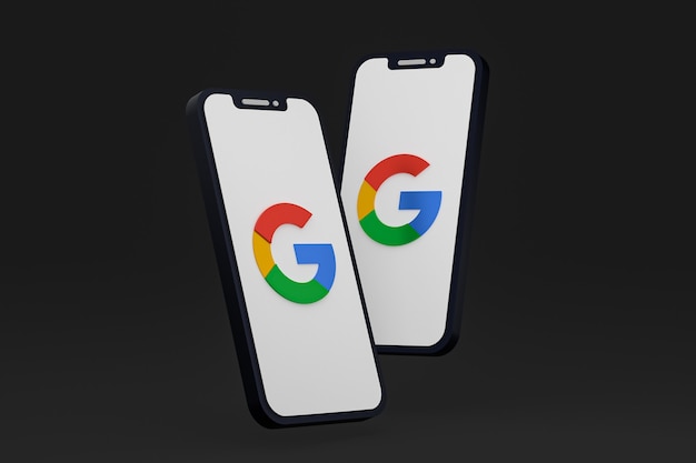 画面上のスマートフォンまたは携帯電話の3Dレンダリング上のGoogleアイコン