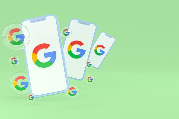 画面上のスマートフォンまたは携帯電話の3Dレンダリング上のGoogleアイコン