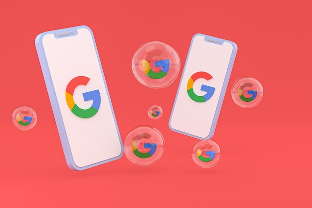 画面上のスマートフォンまたは携帯電話の3Dレンダリング上のGoogleアイコン