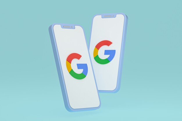 画面上のスマートフォンまたは携帯電話の3Dレンダリング上のGoogleアイコン