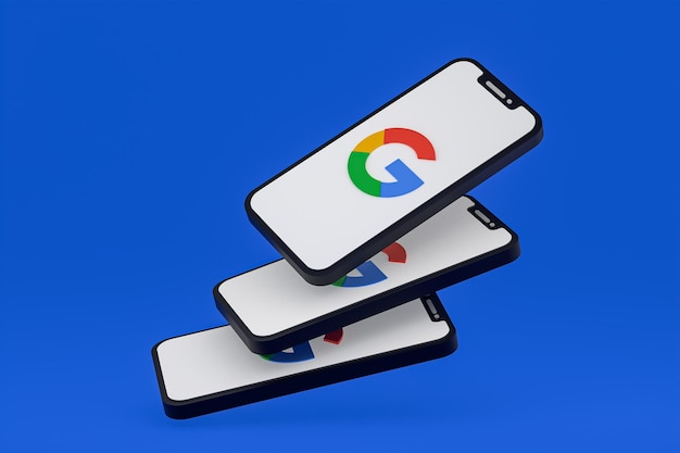 Icona di google sullo schermo smartphone o telefono cellulare rendering 3d