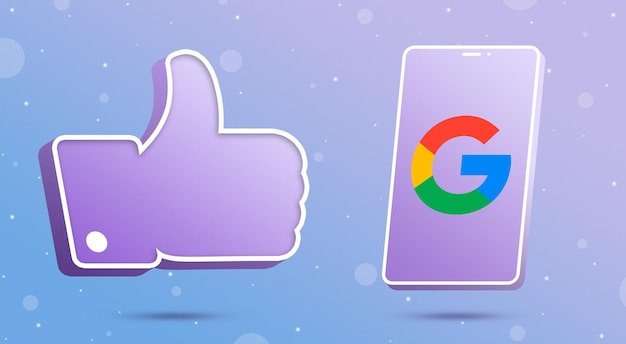 Google logo on smartphone with thumbs up like icon 3d