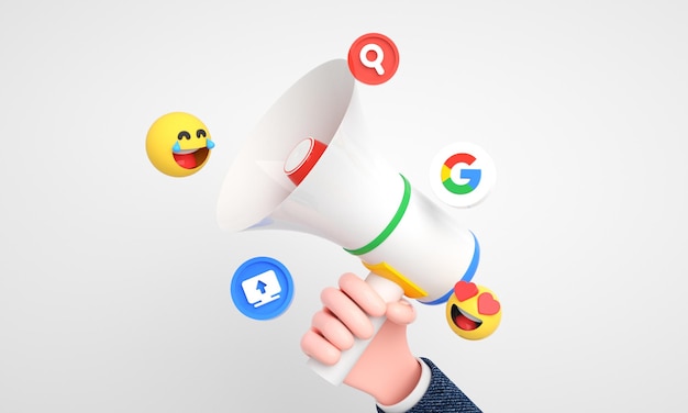 Google-pictogrammen en -logo's met 3D-megafoon voor digitale en sociale media-marketingachtergrond