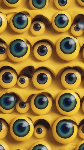 Googly plastic eyes pattern on yellow backgroud flat lay