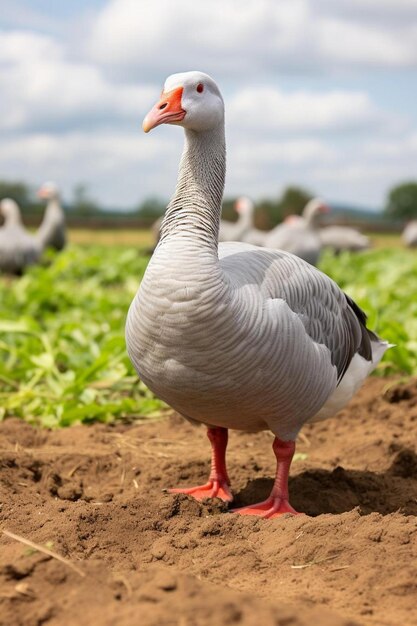 Photo a goose is standing in the dirt with other geese in the background