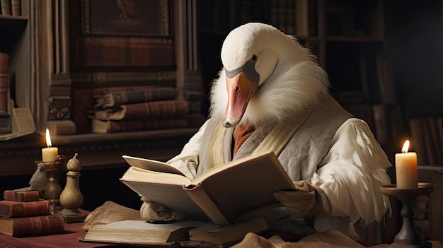 A goose reading a book on the history of his family Hyper Real HD 4k
