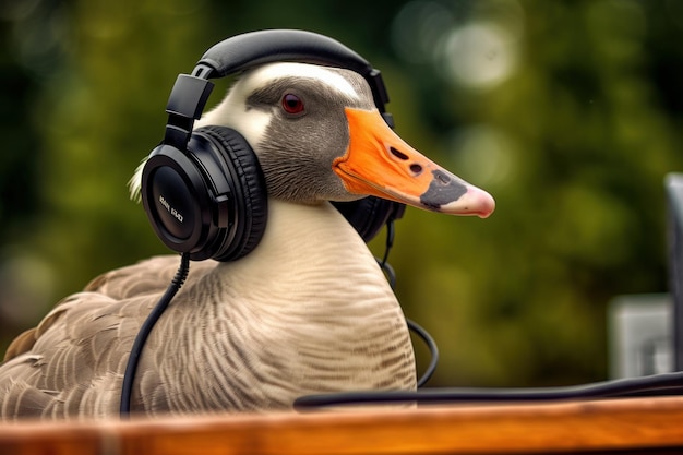 Photo a goose wearing headphone generative ai