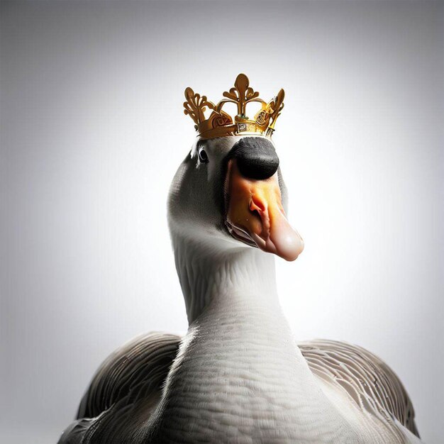 A goose with a golden crown on its head