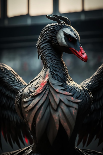 A goose with a red beak and a black nose