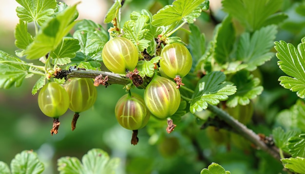 Gooseberries on the bush detail view green fruits