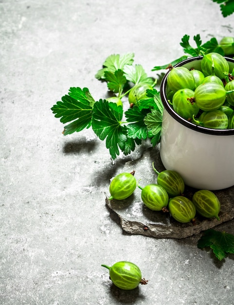 Gooseberries and leaves in a mug on stone table.