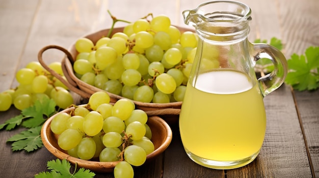 Photo gooseberry juice in a glass carafe rangy gooseberry on wooden table