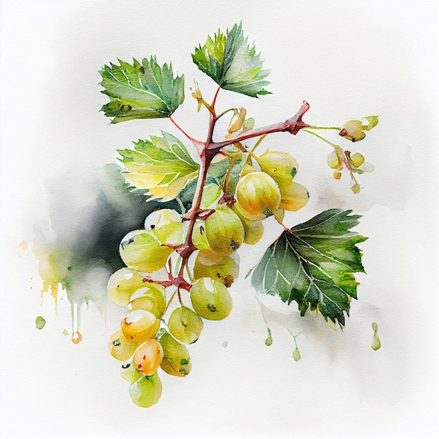 Gooseberry. Watercolor on white paper background. All the fruits.