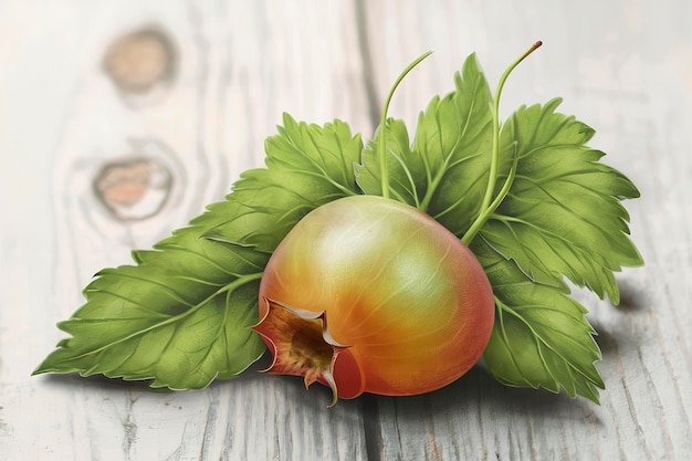 Gooseberry with leaves on a wooden background