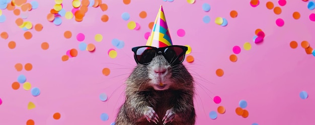 Photo gopher with party hat and sunglasses on pink background with confetti