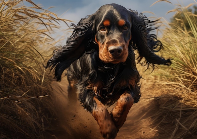 A Gordon Setter participating in a field trial showcasing its hunting skills