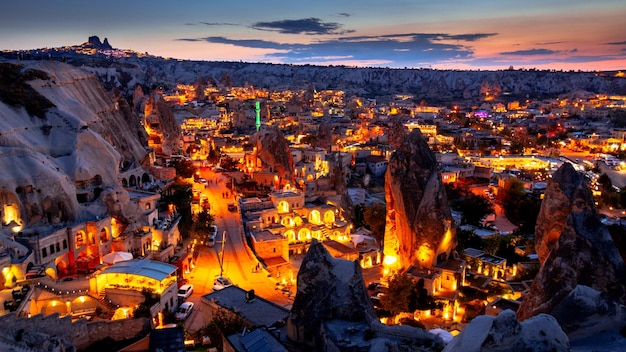 Goreme village in Cappadocia at night in Turkey