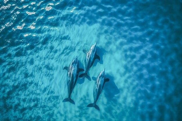 Gorgeous aerial view of three dolphins swimming in deep blue sea