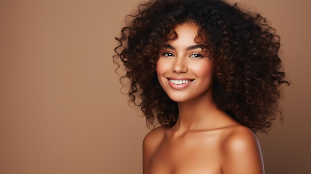 Gorgeous African American woman showcases flawless radiant skin against a beige backdrop A captivating smile graces Afro beauty with luscious curly black hair