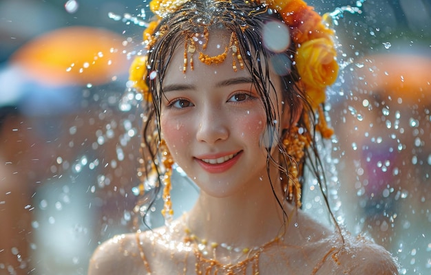 Photo gorgeous asian woman splattering water at the thai traditional songkran celebration