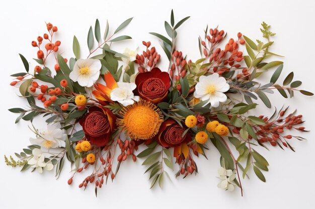 Photo gorgeous australian native floral flat lay with silvan reds wattle foliage and eucalyptus on a white