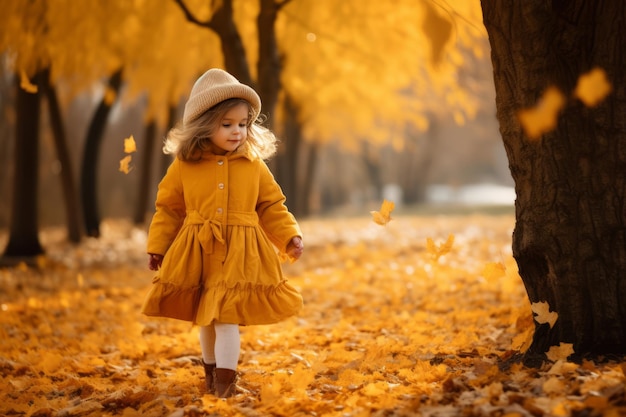 Gorgeous Autumn Stroll A Little Girl's Playful Encounter with Sunlit Leaves in the Park