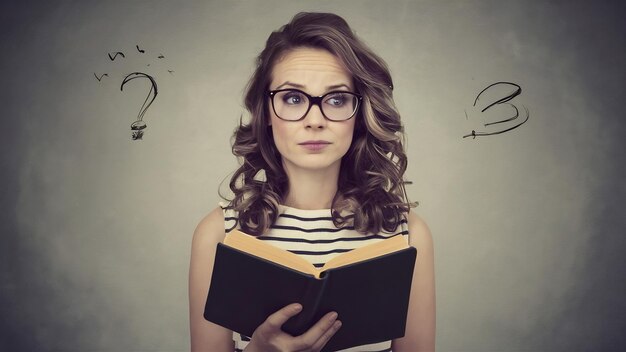 Gorgeous beautiful clever woman in eyeglasses reading interesting book looks pensive