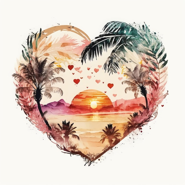 Gorgeous beautiful, Retro Beach Heart Clipart,with sunset, watercolor