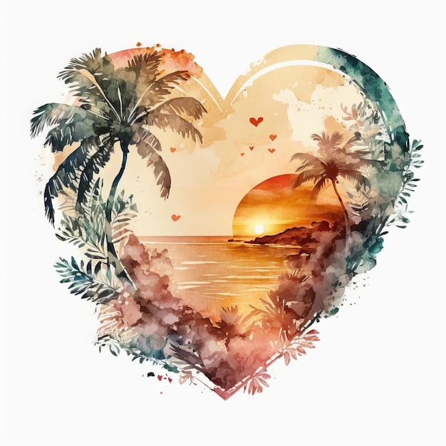 Photo gorgeous beautiful, retro beach heart clipart,with sunset, watercolor