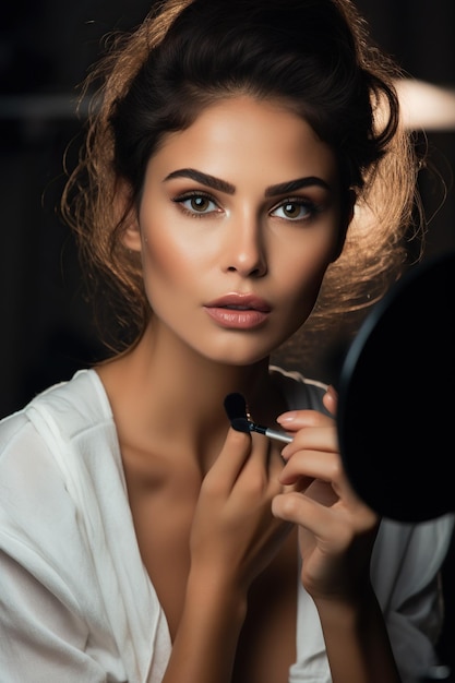 Прекрасная красивая женщина наносит макияж перед зеркалом