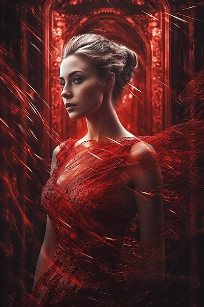 Gorgeous beautiful woman in a red dress Book cover of romantic novel with double exposure Generative AI illustration