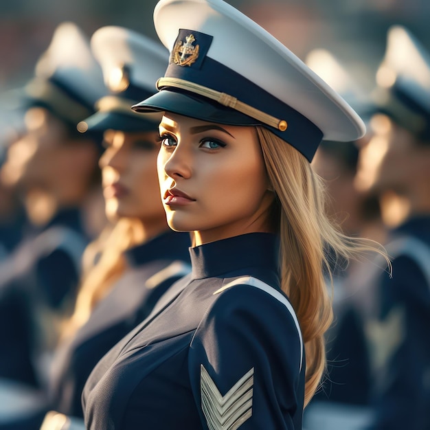 ゴージャスな美しさの写真海軍の制服軍事パレードの膝ショット